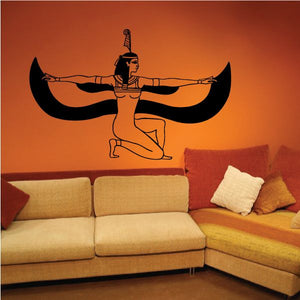 Egyptian wall decal vinyl of a seated pharaoh figure with headdress and wings, black outline