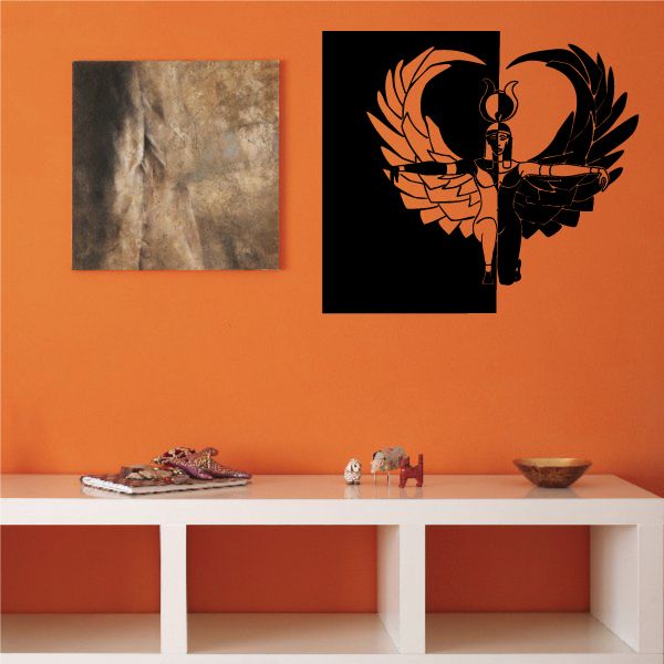 Egyptian winged deity wall decal, black and orange vinyl silhouette