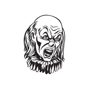 Black and white mad bald clown head decal with ruffled frills collar