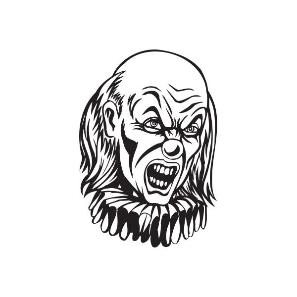 Black and white mad bald clown head decal with ruffled frills collar