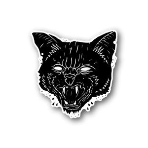 Vinyl cat face sticker with bold black and white outline, growling expression