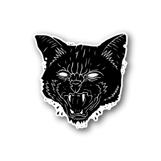 Vinyl cat face sticker with bold black and white outline, growling expression