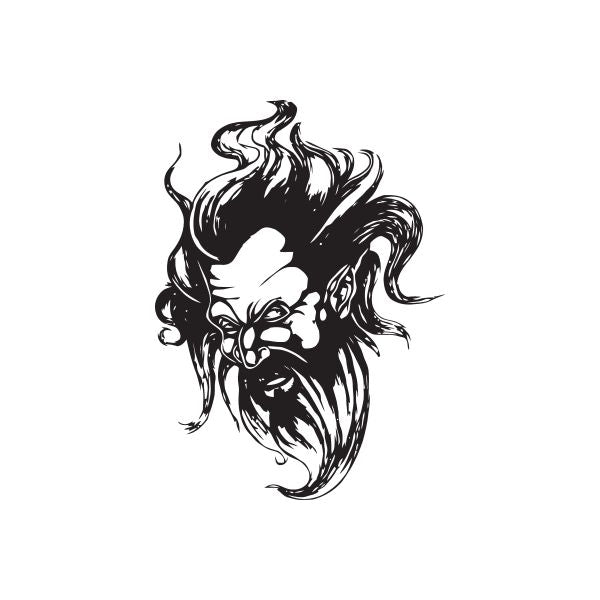 Evil wizard head decal, black line art with beard, flamelike hair