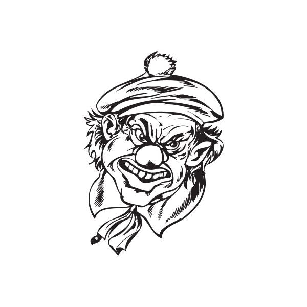 Clown head hat decal in black line art with smiling face