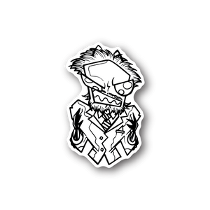Mad Scientist vinyl sticker of cartoon bearded scientist wearing goggles, white outline