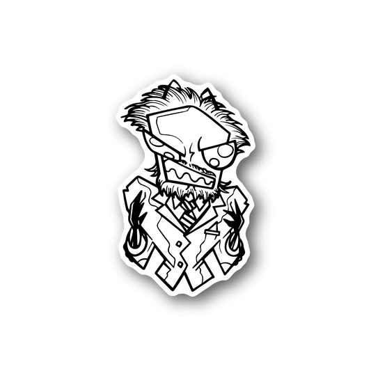 Mad Scientist vinyl sticker of cartoon bearded scientist wearing goggles, white outline