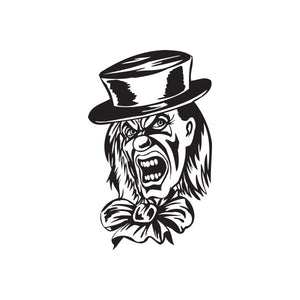Clown head decal with mad face and short top hat, black and white illustration