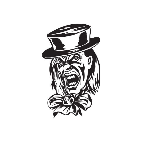 Clown head decal with mad face and short top hat, black and white illustration