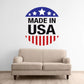 Circle sticker with blue star arc reading MADE IN USA and red striped emblem