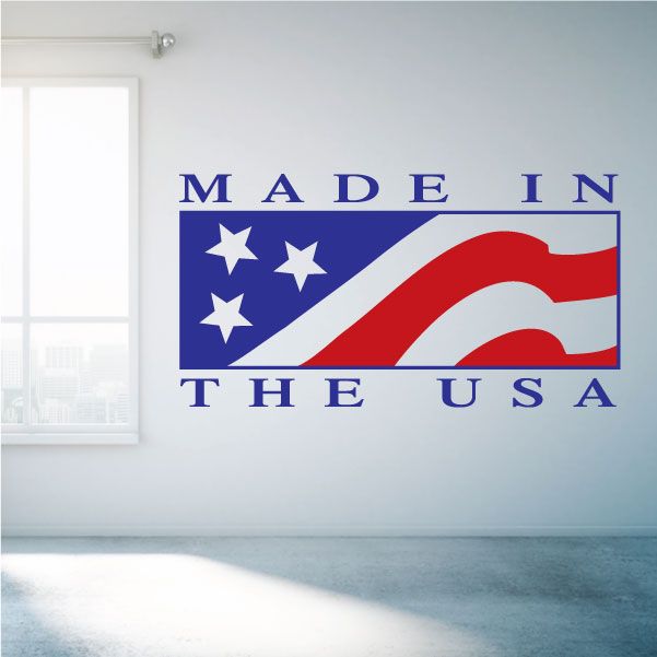 Made in the USA die-cut decal sticker with waving American flag design