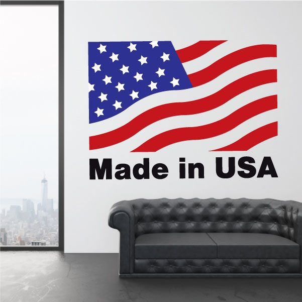 Wavy American flag sticker with Made in USA text