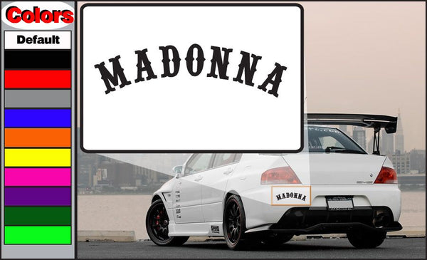 Madonna decal with bold black MADONNA lettering on white background, rectangular border