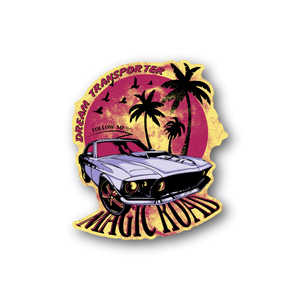 Vinyl sticker with retro car, palm trees, and arched text "Dream Transporter"