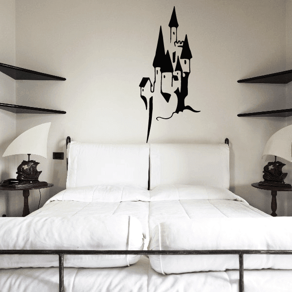 Black castle wall decal silhouette above bed