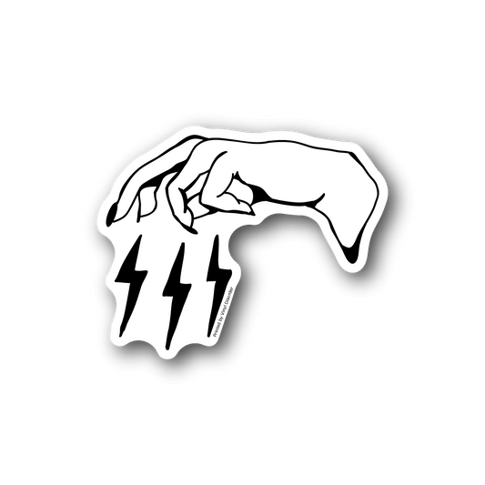 Vinyl sticker with outlined hand holding lightning bolts, white design