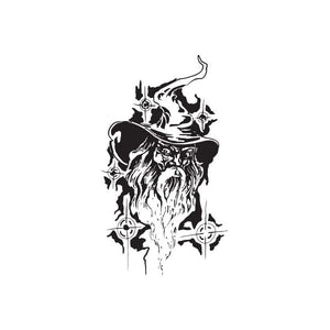 Wizard sight decal of a black-and-white bearded wizard with an eye emblem