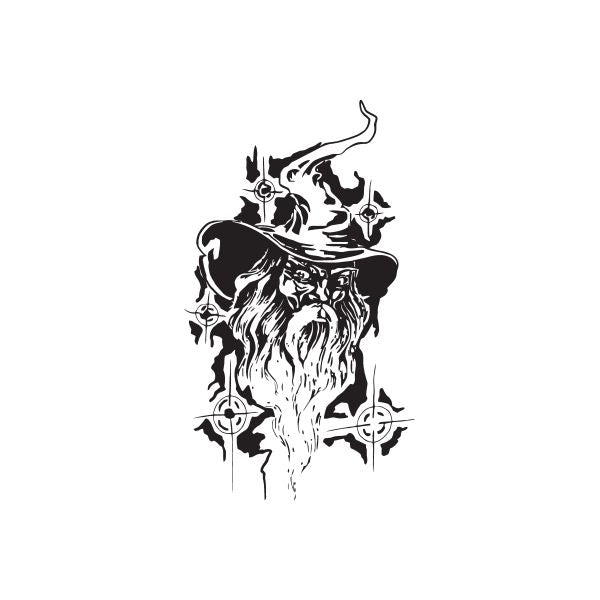 Wizard sight decal of a black-and-white bearded wizard with an eye emblem