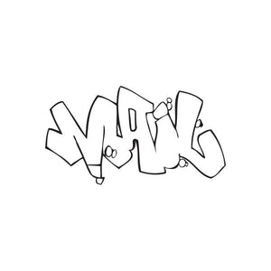 Graffiti mail decal with bold black outlined letters and small icons
