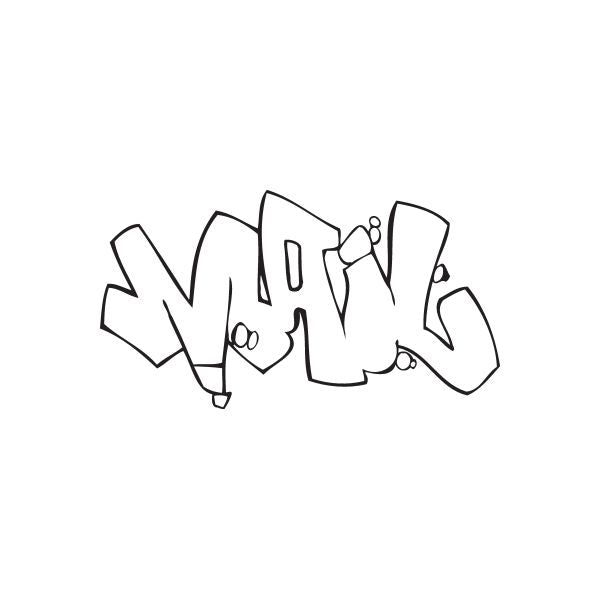 Graffiti mail decal with bold black outlined letters and small icons