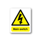 Main switch sticker with yellow warning triangle and 'Main switch' text
