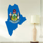 Maine state flag sticker, blue state outline with coat of arms and text