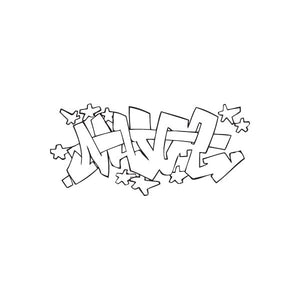Graffiti decal with bold outlined letters and small star accents