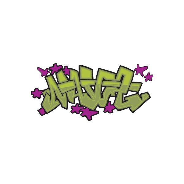 Graffiti sticker with green tag letters and purple star accents