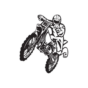 Dirt biker decal featuring helmeted rider on motocross bike, black and white