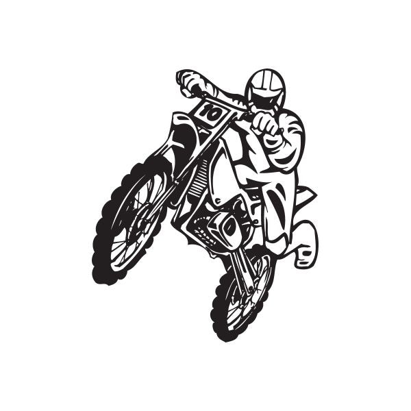 Dirt biker decal featuring helmeted rider on motocross bike, black and white