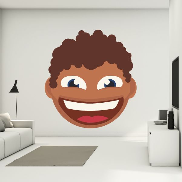 Male face emoticon wall decal sticker with curly hair, blue eyes, smiling mouth