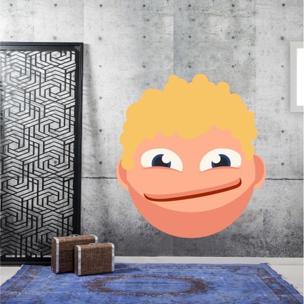 Male emoticon face wall decal, smiling cartoon face with yellow hair and pink skin