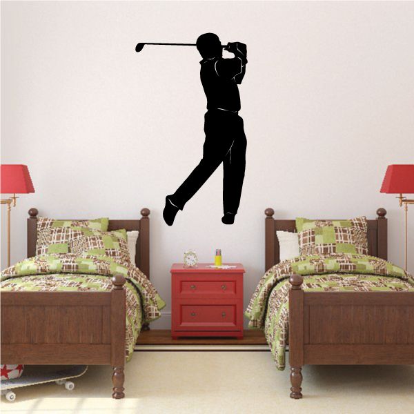 Black male golfer driving decal silhouette with raised club and swinging stance