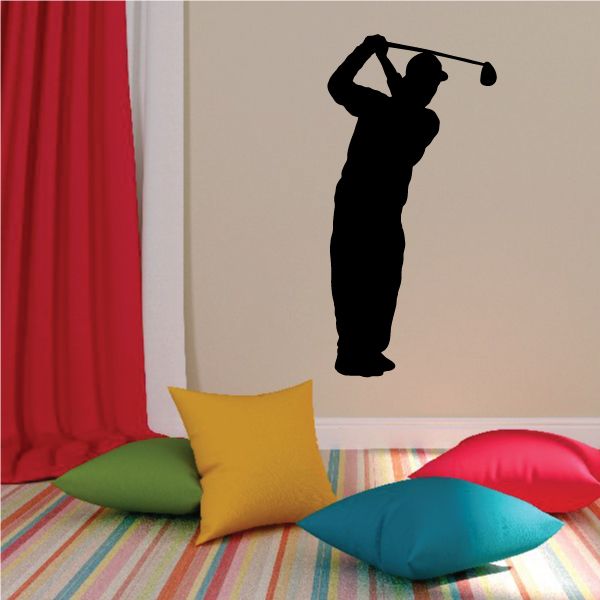 Male golfer wall decal of a black silhouette golfer mid-swing