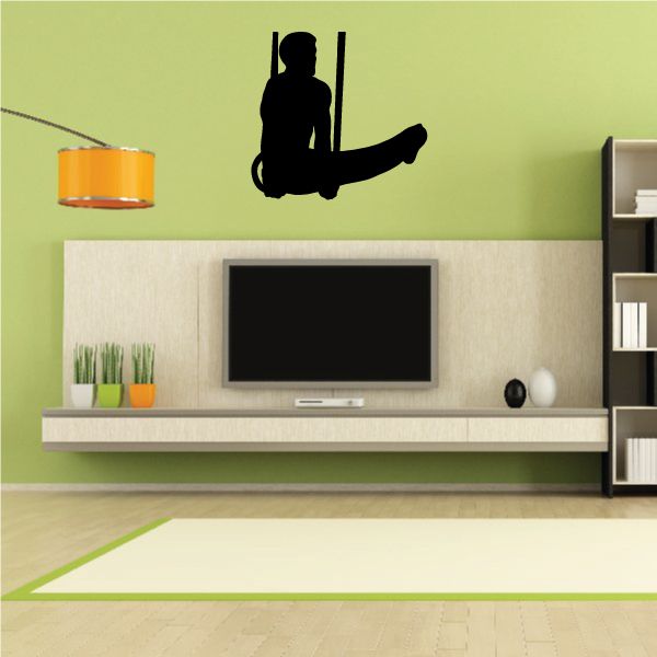 Gymnast on rings wall decal, black silhouette of male performer holding gymnastic rings