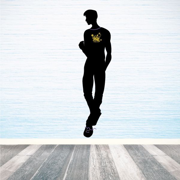 Male leaning silhouette sticker, black full-body man with gold emblem on back