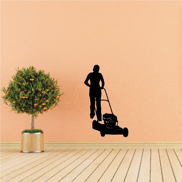 Male lawn mowing decal showing a black silhouette pushing a mower