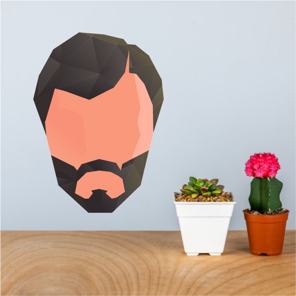 Geometric male face emoticon wall decal, black and orange polygon design