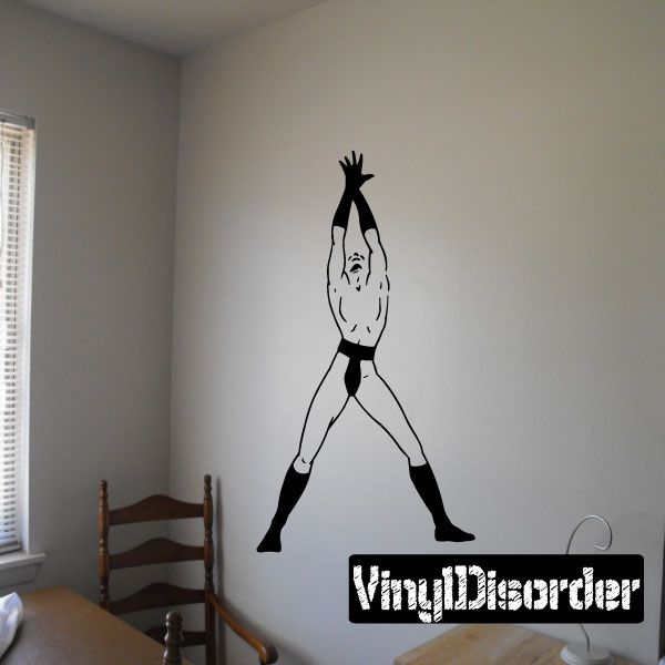 Male stripper wall decal silhouette with arms raised and hands in pose, black outline