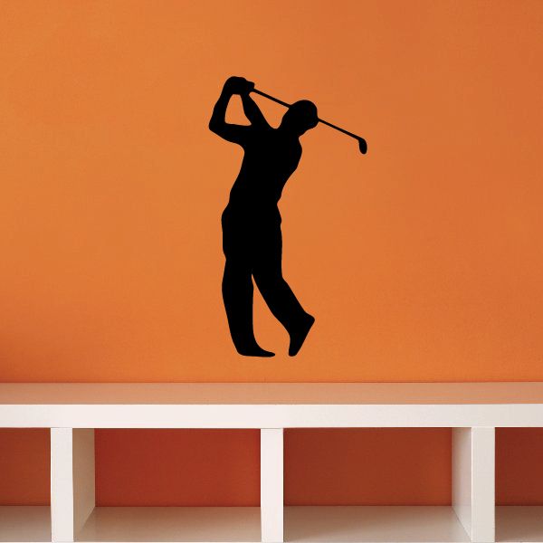 Male swinging golfer wall decal, black silhouette with club raised overhead
