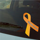 Malnutrition awareness ribbon vinyl sticker, orange ribbon with black center and script text.