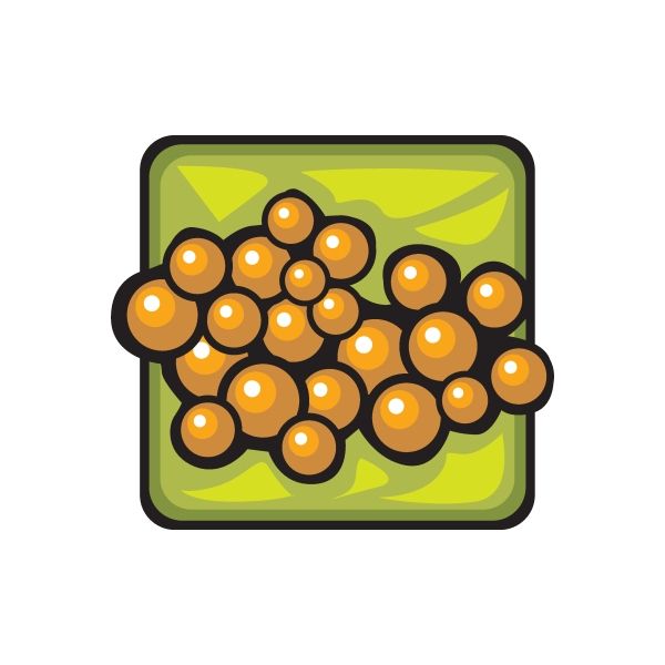 Square malt ball sticker with green background and orange-brown candy balls