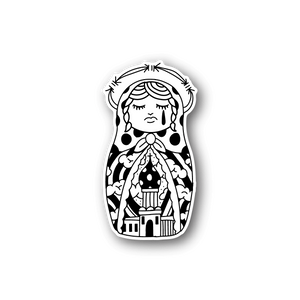 Vinyl sticker featuring black-and-white illustrated woman holding a cat