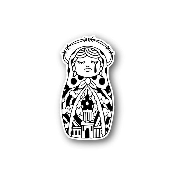 Vinyl sticker featuring black-and-white illustrated woman holding a cat
