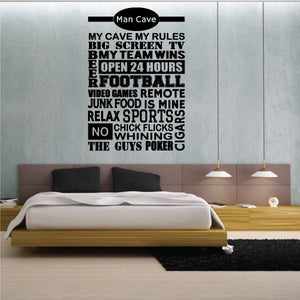 Vinyl wall decal with bold black stacked text: Man Cave, Open 24 hours.