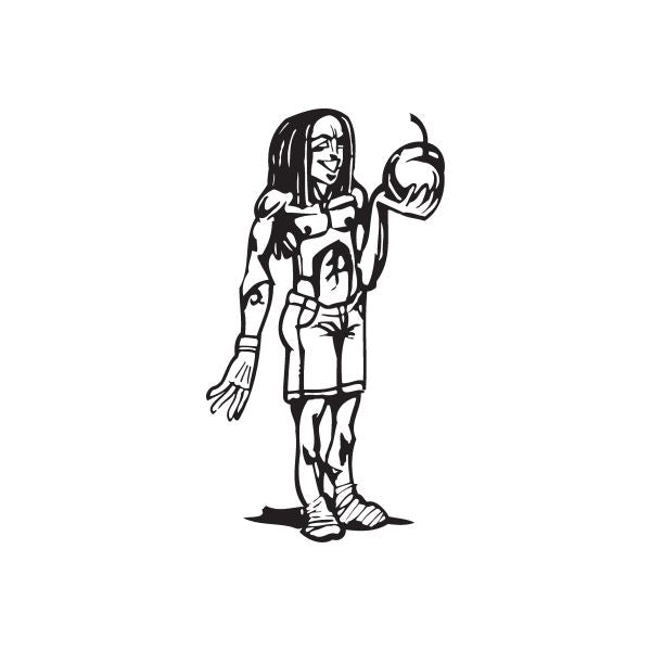 Man eating apple wall decal, black line art figure holding an apple.