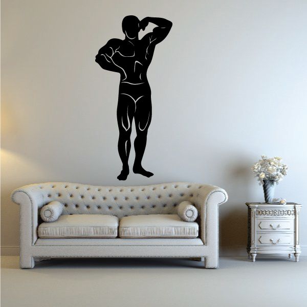 Fitness vinyl wall decal of a black flexing man silhouette