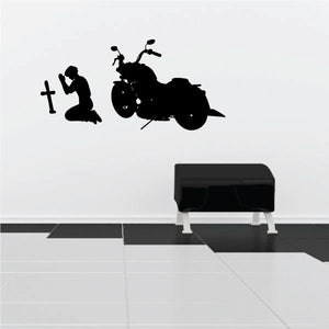 Motorcycle wall decal with kneeling praying man and cross silhouette