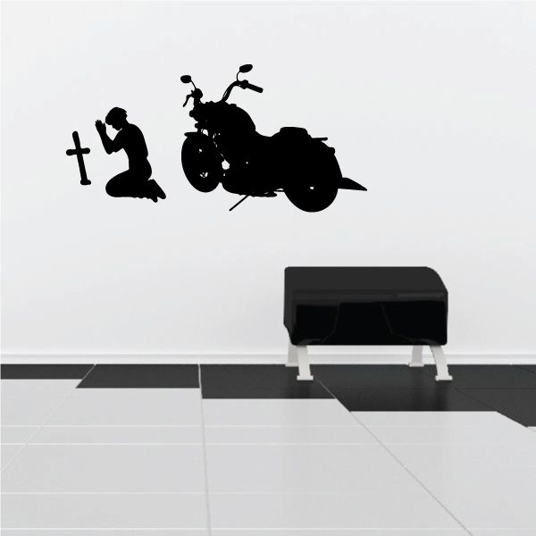 Motorcycle wall decal with kneeling praying man and cross silhouette