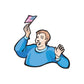 Cartoon man waving American flag decal, raised fist with small flag above head