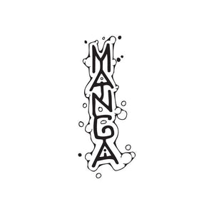 Graffiti manga letter decal in black with splash dots and outlined character